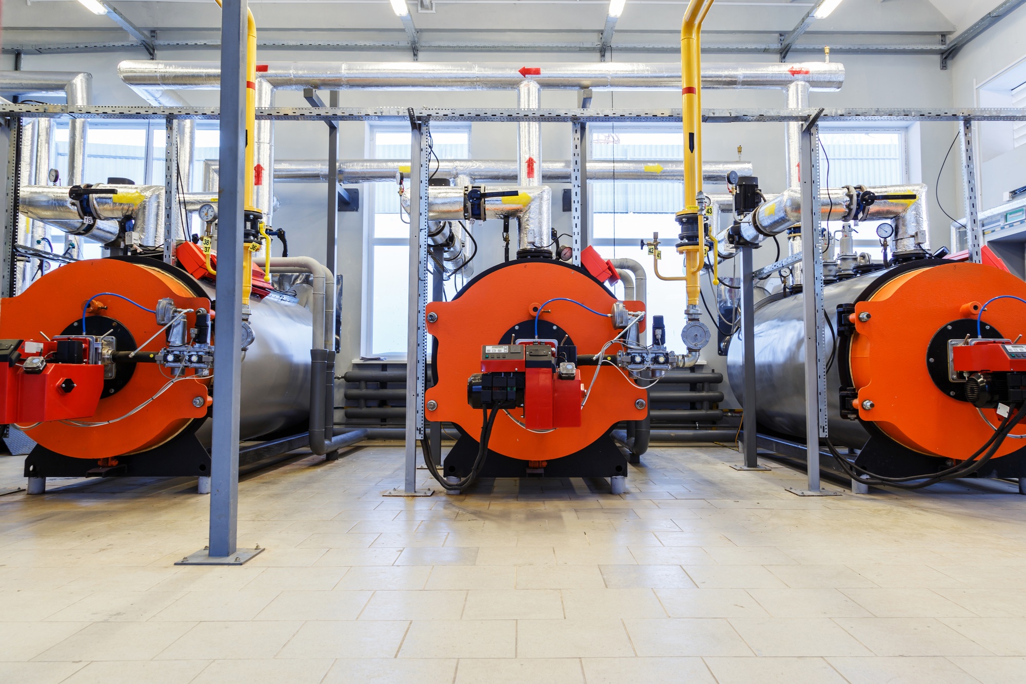 Industry automatical boiler gas burners. Interior of modern boiler house